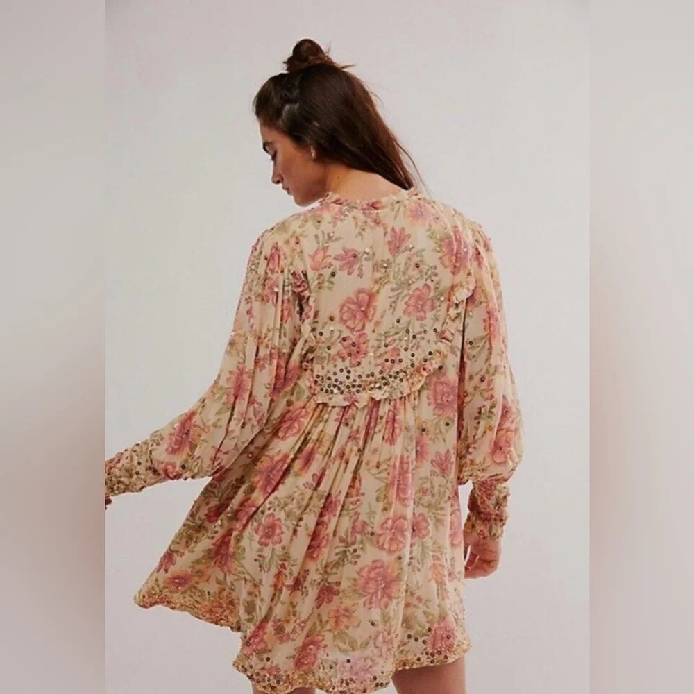 Free People  Hand Beaded Bali Golden Sun Printed Mini Dress SIZE SMALL NWT - Picture 3 of 16